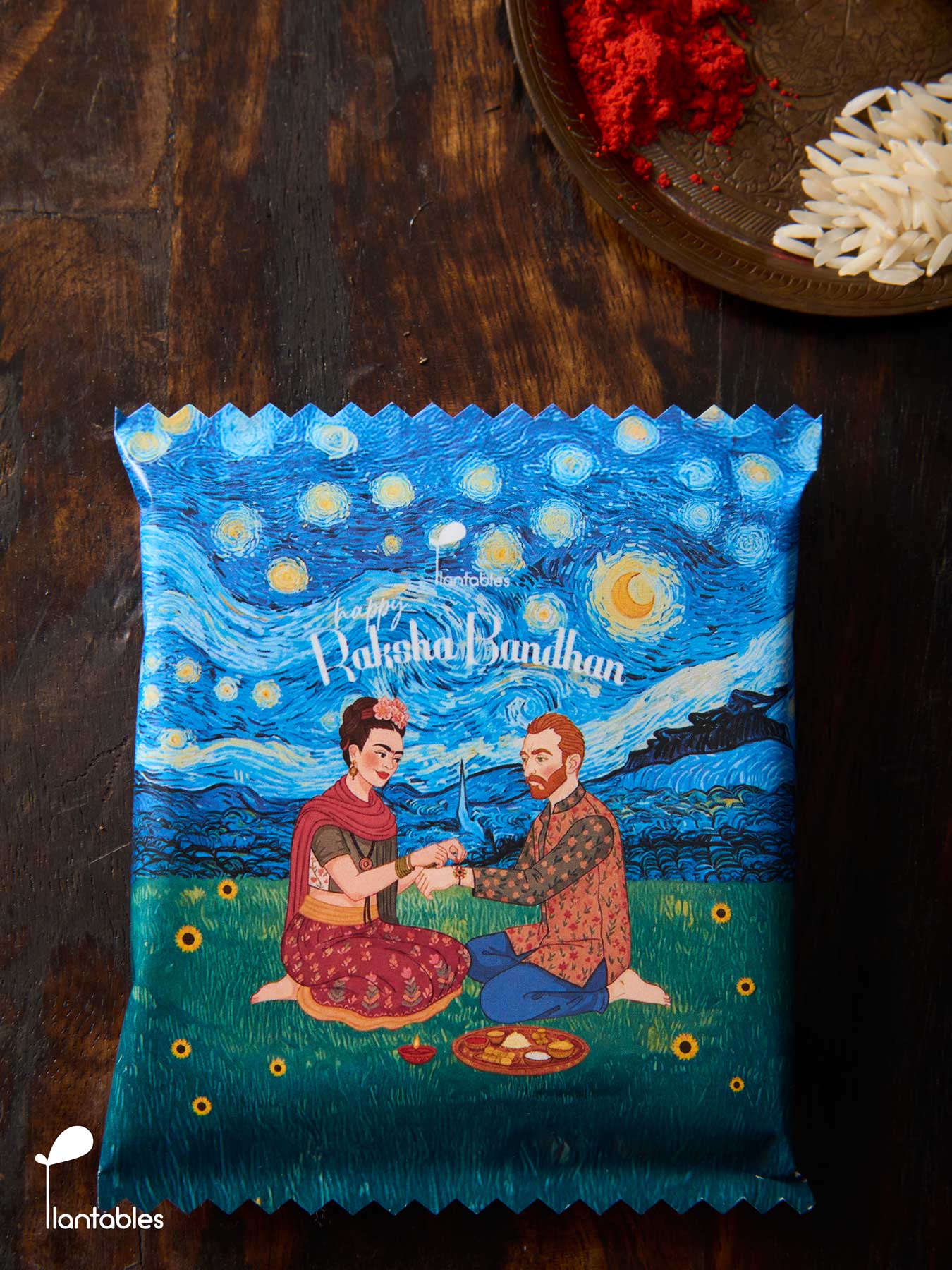 Sunflowers on a Starry Night Rakhi, a plantable seed paper rakhi handmade from upcycled cotton scrap