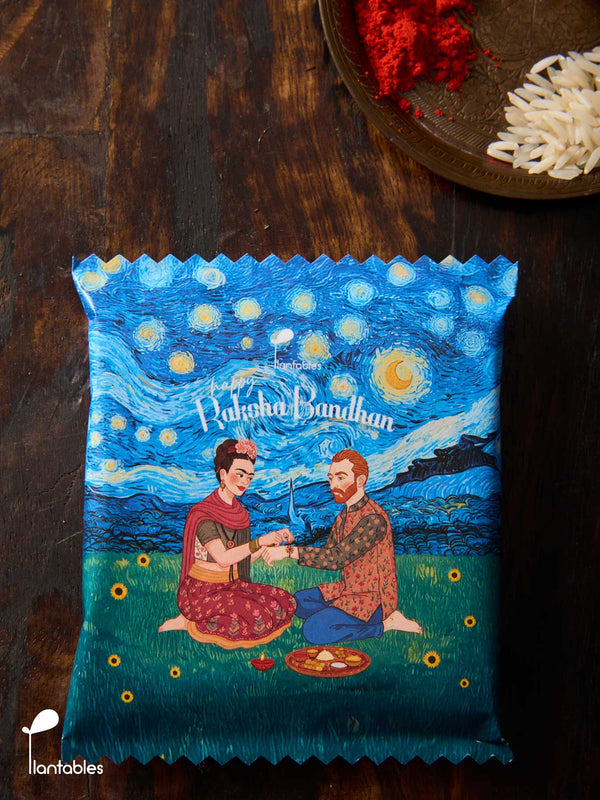 Sunflowers on a Starry Night Rakhi, a plantable seed paper rakhi handmade from upcycled cotton scrap