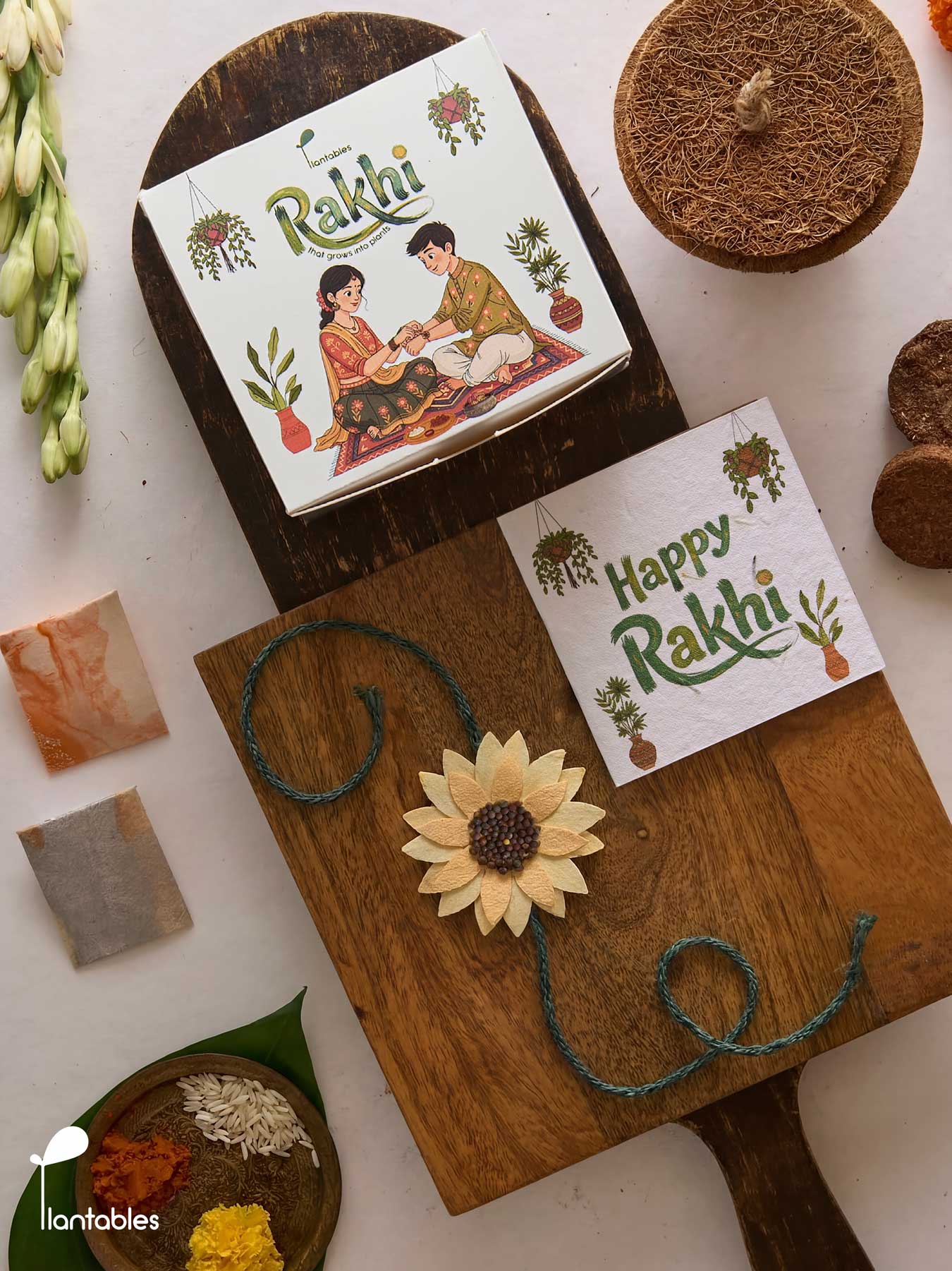 Sunflower Rakhi Planting Kit with seed paper greeting card, roli chawal pockets and coir pot