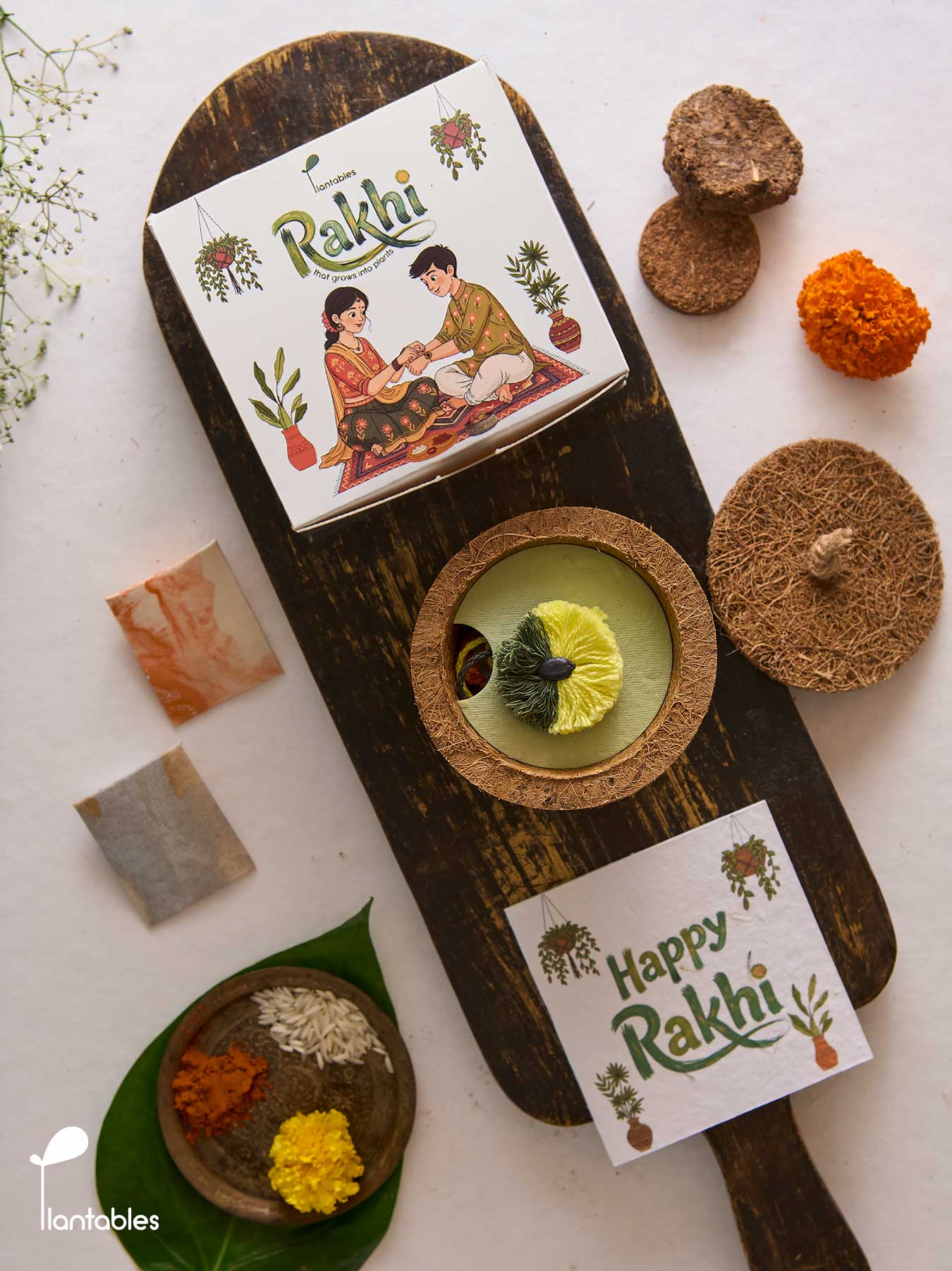 Earthline Rakhi Planting Kit with seed paper greeting card, roli chawal pockets and coir pot