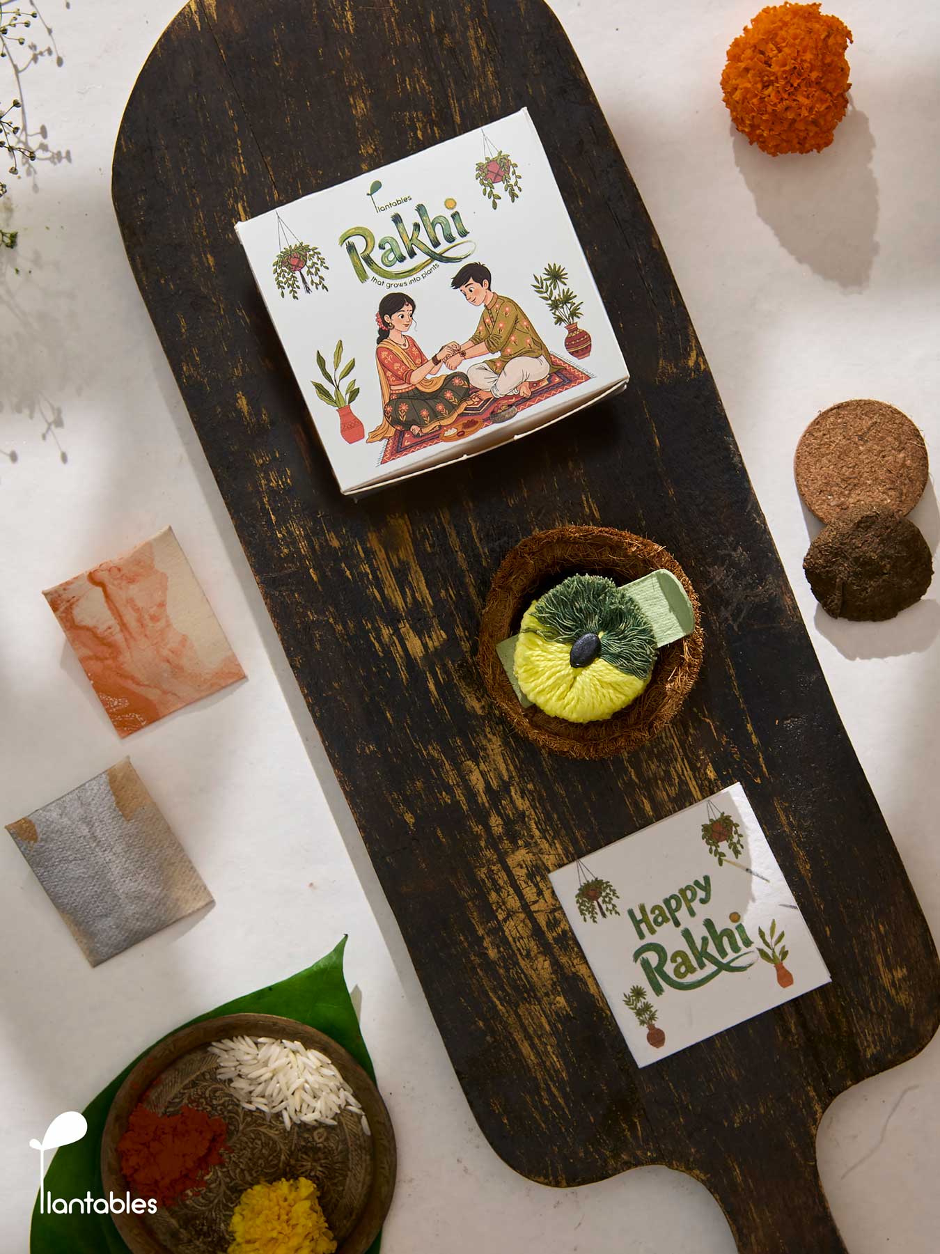 Earthline Rakhi Planting Kit with seed paper greeting card, roli chawal pockets and coir pot